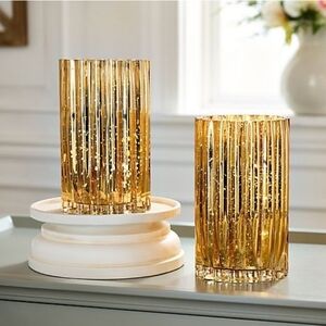 Set of 2 Mercury Glass Hurricanes with Twinkle Lights - Gold